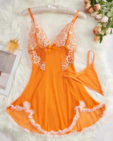 Sexy Deep V Contrast Lace Mesh Bow Decoration Suspender Nightdress (With Thong)